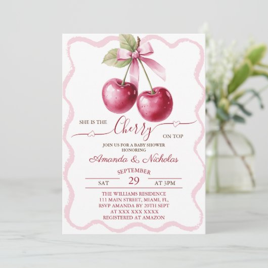 Kersen op de top Roze Bow Baby shower Kaart (Staand voorkant)