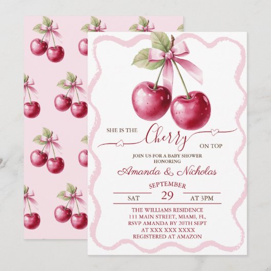 Kersen op de top Roze Bow Baby shower Kaart (Voorkant / Achterkant)