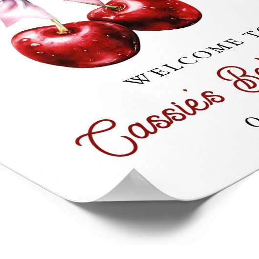 Kersen op de top Roze Bow Baby shower Welkomstbord Poster (Hoek)