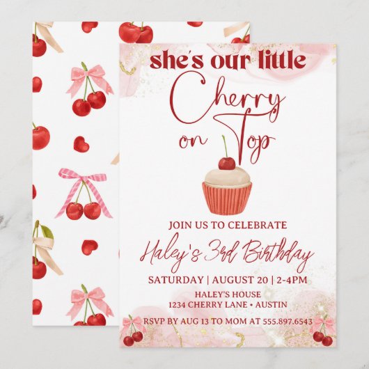 Kersen op de top Roze Bow Girl verjaardagsuitnodig Kaart (Voorkant / Achterkant)