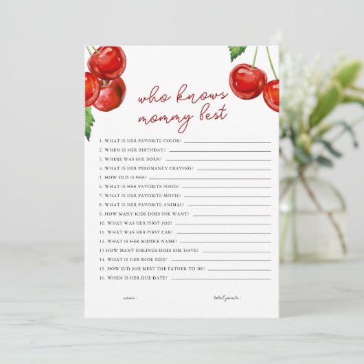 Kersen op de top Wie kent mama beste Baby shower Feestdagenkaart (Staand voorkant)