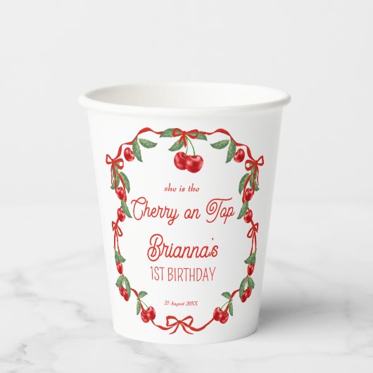 Kersen op het bovenste lint grillige verjaardag mo papieren bekers (Voorkant)