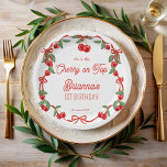 Kersen op het bovenste lint grillige verjaardag mo papieren bordje<br><div class="desc">Kersen op het bovenste lint grillige verjaardagsfeest monogrammed papier borden sjabloon,  leuke kersen met een rode strik lint grens verjaardagsfeest gepersonaliseerde partij borden,  kersen verjaardagsfeest gepersonaliseerde tafel decor zomerfruit partij papier borden kersengrens verjaardagsfeest benodigdheden</div>