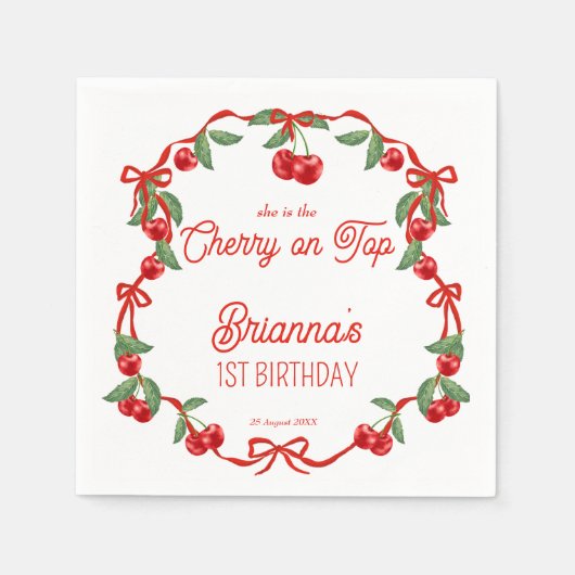 Kersen op het bovenste lint grillige verjaardag mo servet (Voorkant)