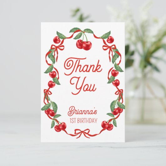 Kersen op het bovenste lint grillige verjaardagsfe bedankkaart (Staand voorkant)