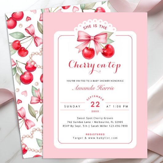 Kersen op Top Baby shower Invitation Roze Kersen Kaart
