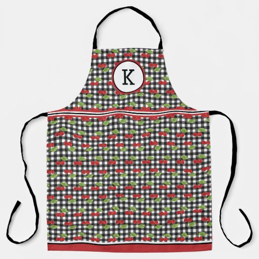Kersen op zwarte gingham monogram schort (Voorkant)