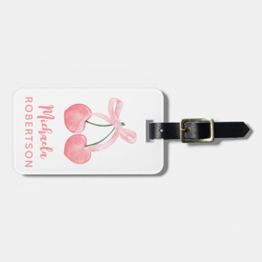 Kersen & Roze Bow Coquette Esthetisch Meisje Schat Bagagelabel (Voorkant horizontaal)