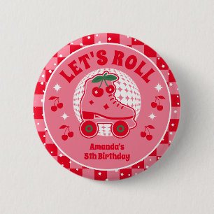 Kersen Schaatsen   Retro Rolschaatsen Verjaardag Ronde Button 5,7 Cm
