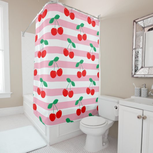 Kersen Streep Patroon – Retro Fruit Cadeau & Decor Douchegordijn (In situ)