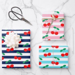 Kersen Streep Patroon – Retro Fruit Cadeau & Decor Inpakpapier Vel
