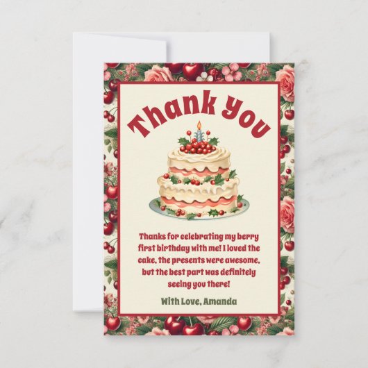  kersen 'Sweet One' 1e verjaardag Bedankkaart (Voorkant)