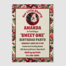  kersen 'Sweet One' 1e verjaardag foto Vellum Uitnodigingen