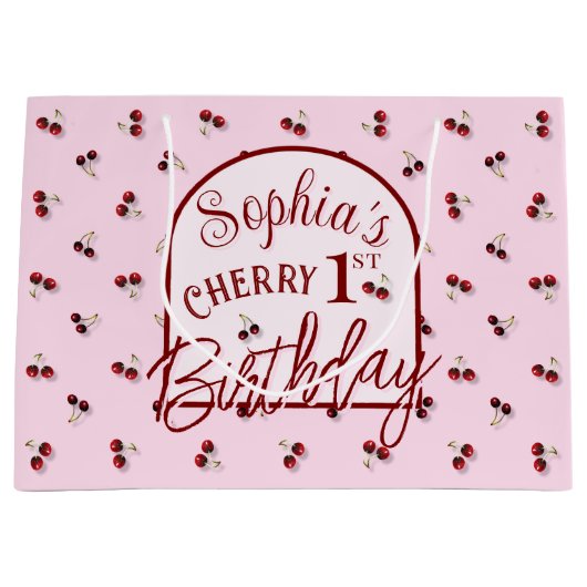 Kersen Thema Eerste Verjaardag Grote Gift Bag Groot Cadeauzakje (Voorkant)