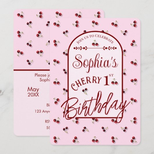 Kersen Thema Eerste Verjaardag Uitnodiging (Voorkant / Achterkant)