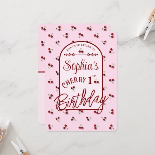 Kersen Thema Eerste Verjaardag Uitnodiging (Voorkant / Achterkant in situ)