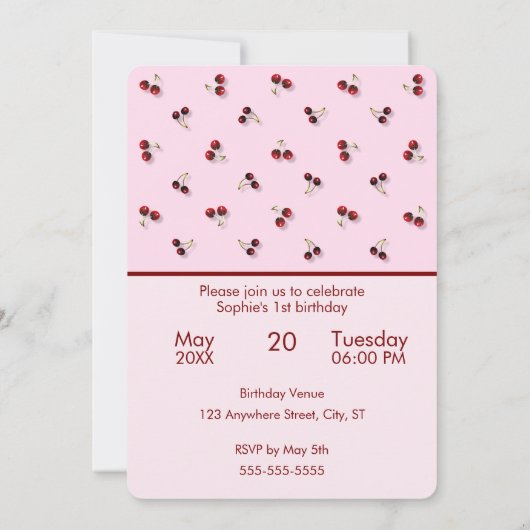 Kersen Thema Eerste Verjaardag Uitnodiging (Achterkant)