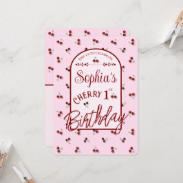 Kersen Thema Eerste Verjaardag Uitnodiging