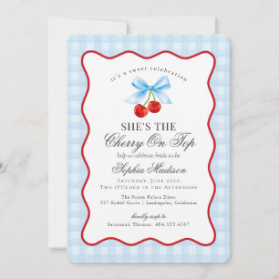 Kersen Zoete Blauwe Coquette Gingham Bruidsmeisje Kaart