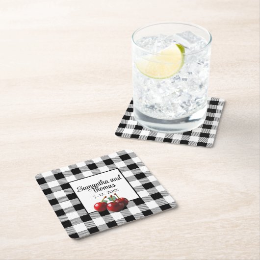  Kersen zwart wit gingham Kartonnen Onderzetters (Insitu)