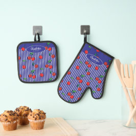 Kersenbessen rood patroon modern nautisch blauw ovenwant & pannenlap set