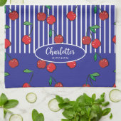 Kersenbessen rood patroon modern nautisch blauw theedoek (Gevouwen)