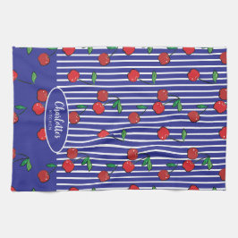 Kersenbessen rood patroon modern nautisch blauw theedoek
