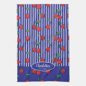 Kersenbessen rood patroon modern nautisch blauw theedoek (Verticaal)