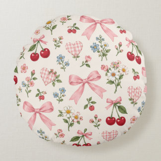 Kersenbloemstof met vintage strik patroon | Roze G Rond Kussen
