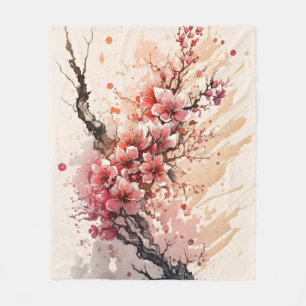 Kersenbloesem Aquarel Bloemen Roze Rood Bloemmotie Fleece Deken