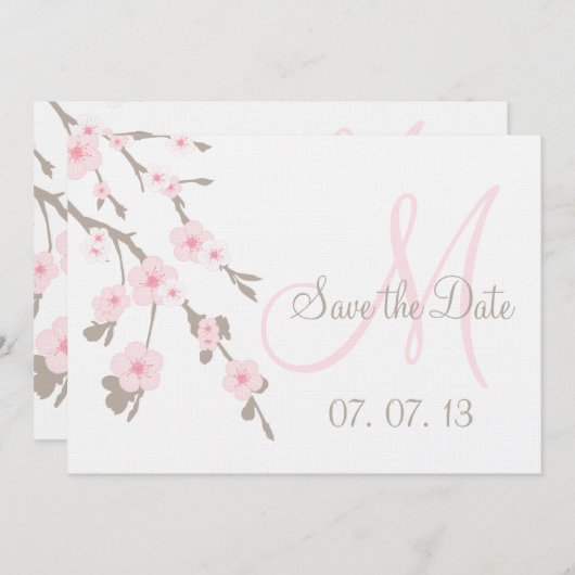 Kersenbloesem Bewaar de Datum Roze Taupe Kaart (Voorkant / Achterkant)