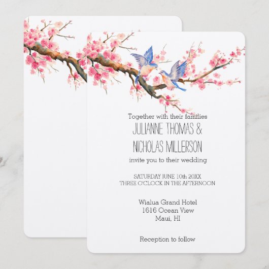 Kersenbloesem Bloemen en Vogels Bruiloft Kaart (Voorkant / Achterkant)