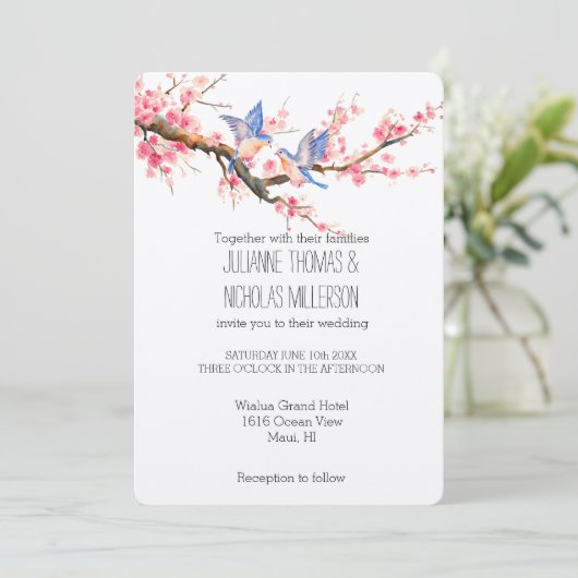 Kersenbloesem Bloemen en Vogels Bruiloft Kaart (Staand voorkant)