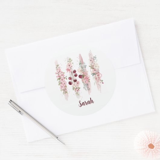 Kersenbloesem Bloemenaquarèl, Naam toevoegen Ronde Sticker (Envelop)