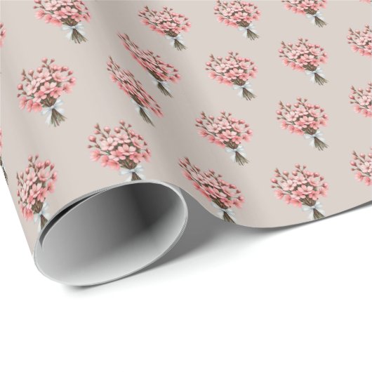 Kersenbloesem Boeket Patroon op Zachte Taupe Cadeaupapier (Rol Hoek)