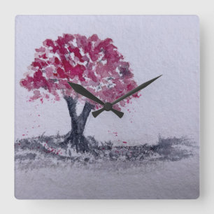 Kersenbloesem boom watercolor origineel kunstwerk vierkante klok