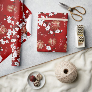 Kersenbloesem Chinees Bruiloft Initialen Cadeaupapier