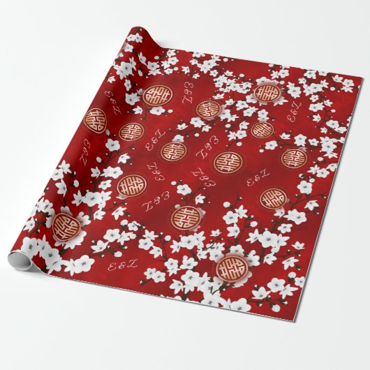 Kersenbloesem Chinees Bruiloft Initialen Cadeaupapier (Uitgerold)