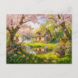 Kersenbloesem Cottage bij de vijver in de tuin Briefkaart