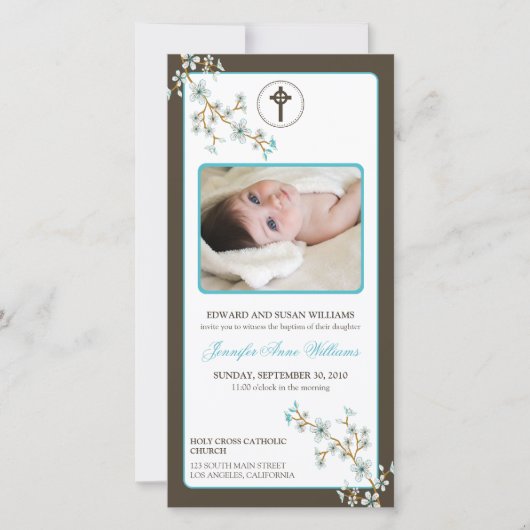 Kersenbloesem Doop Uitnodiging (aquablauw) (Voorkant)