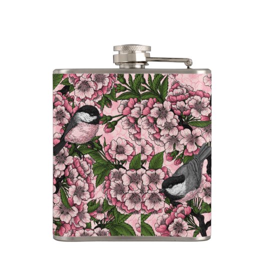 Kersenbloesem en kikkervisjes op roze heupfles (Achterkant)