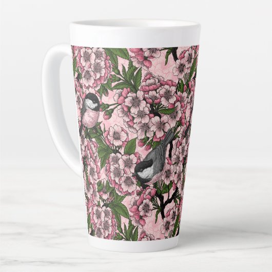 Kersenbloesem en kikkervisjes op roze latte mok (Linkerhoek)