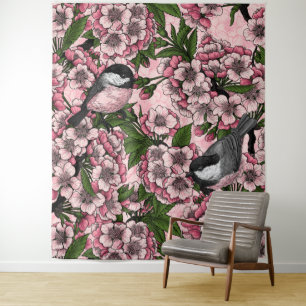 Kersenbloesem en kikkervisjes op roze wandkleed