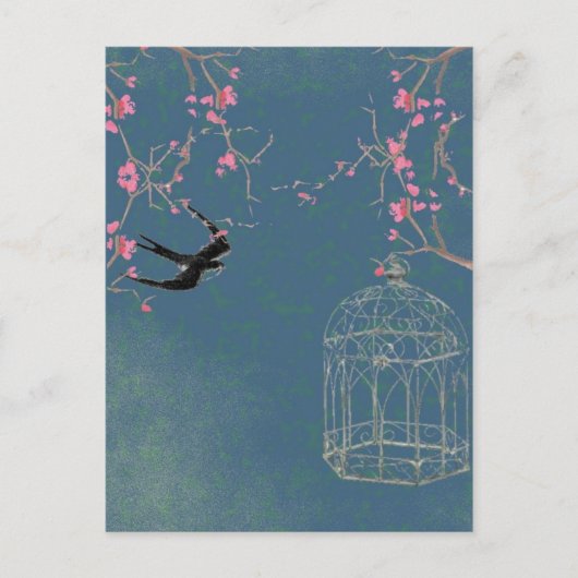 Kersenbloesem en vogelkooi briefkaart, uniek briefkaart (Voorkant)