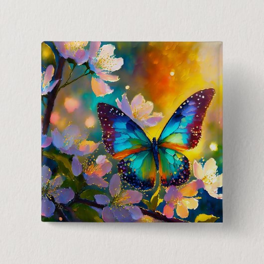 Kersenbloesem Fantasie Zonsopgang Vlinder Vierkante Button 5,1 Cm (Voorkant)