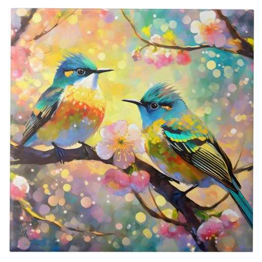 Kersenbloesem Fantasie Zonsopgang Zangvogels Tegeltje (Voorkant)