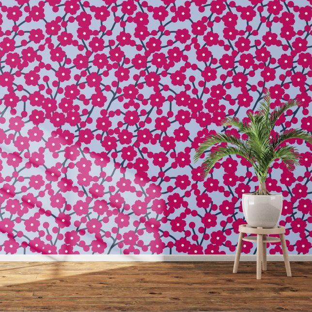 Kersenbloesem Floral Magenta Pink Blue Behang (PInk and blue cherry blossom art wallpaper)