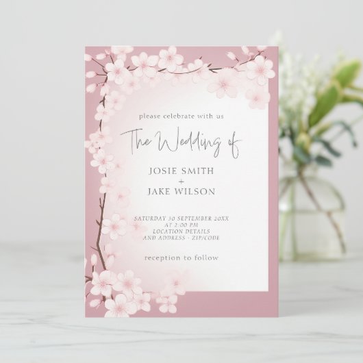 Kersenbloesem grens bruiloft uitnodiging (Staand voorkant)
