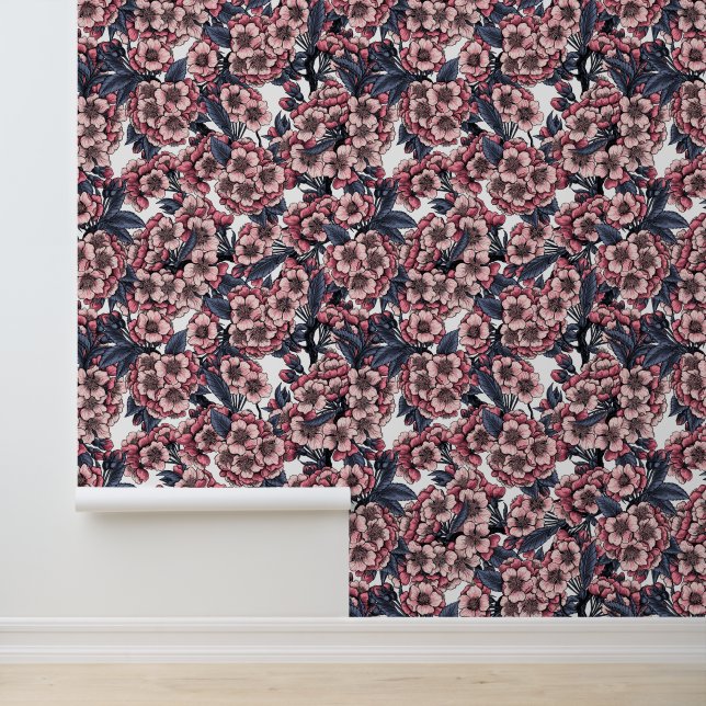 Kersenbloesem in roze en blauw behang (Applicatie)