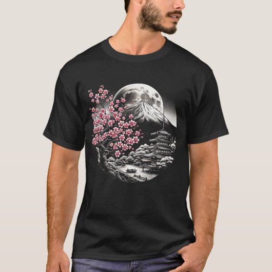Kersenbloesem Japanse Tuin Geisha Mount Fuji T-shirt (Voorkant)